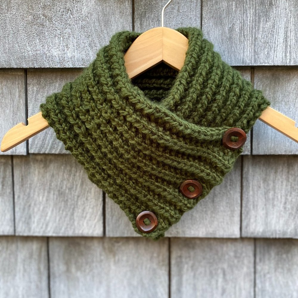 Cowl Scarf Forest Green with Wooden Buttons Christmas Gift
